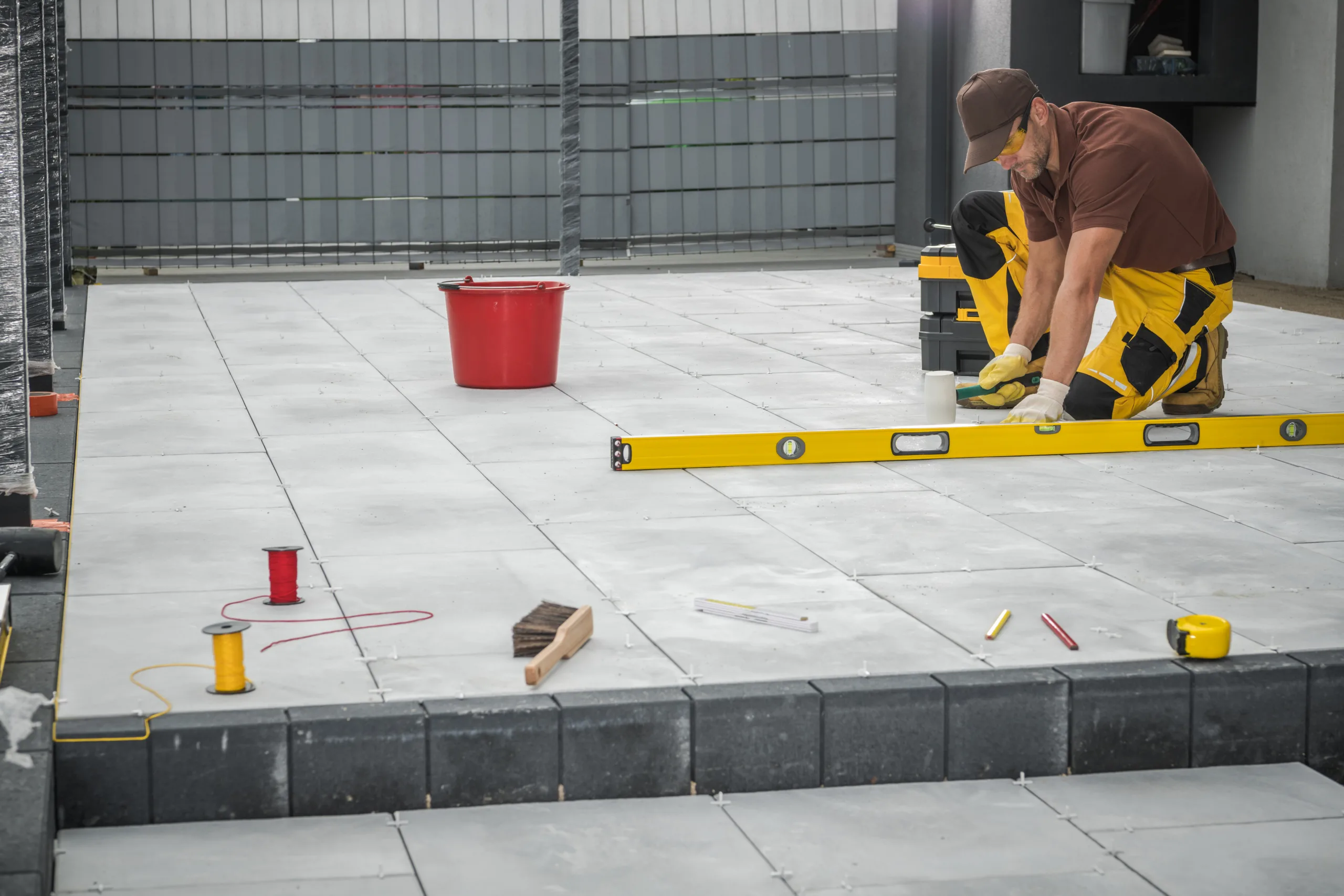 Betonarbeiten in Kiel: Betonplatten werden mit der Wasserwaage exakt verlegt