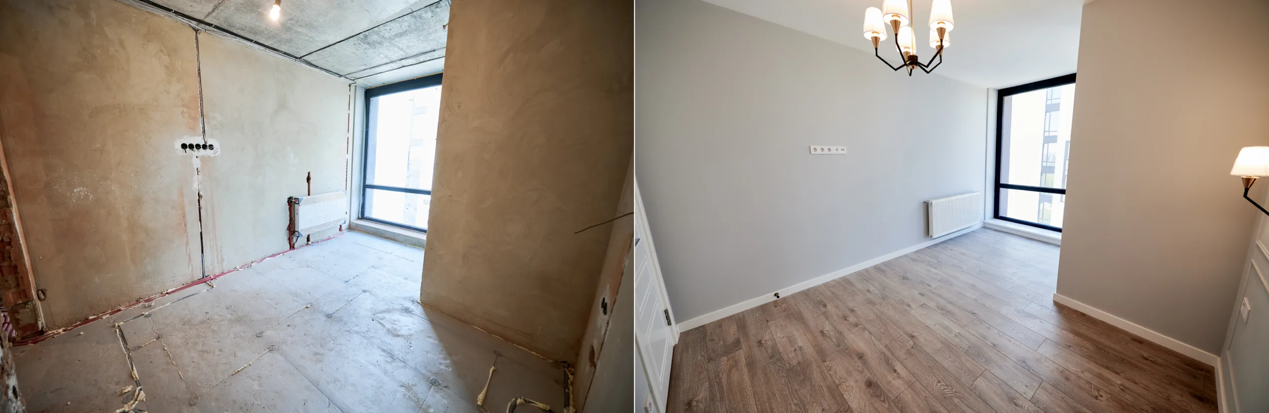 Renovierung in Kiel: fertiger Wohnraum mit neuer wei&szlig;er Zimmert&uuml;r, neuem Boden und gestrichenen W&auml;nden